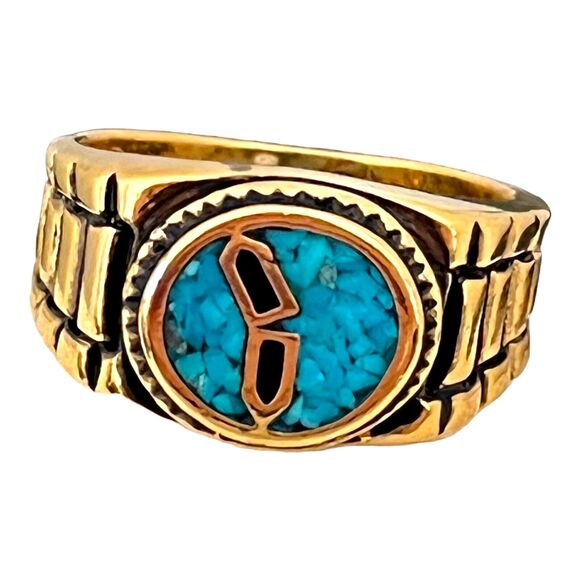 Vintage Ring Size 8 Castings On Parade Gold Plate Turquoise Chips 14W - Picture 1 of 6